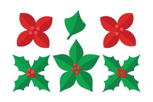 Flat Icon Style Poinsettia Flowers and Holly Berries Leaves on Transparent Background vector