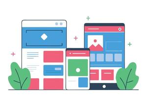 Colorful Device Mockups for Web, Tablet, Mobile with Plants on White Background vector