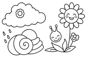 Whimsical Black Outline with Smiling Snail, Cloud, Raindrops and Flowers Isolated vector