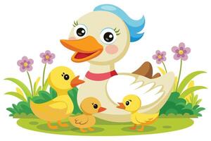Cartoon Mother Duck with Ducklings near Flowers in a Field on a White Background vector
