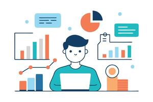 Line Art Man with Laptop, Colorful Data Chart and Coin Stacks on White vector