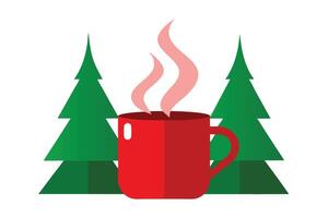 Minimalist Red Mug with Steam Between Two Green Christmas Trees Flat Design vector