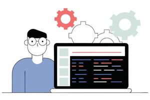 Flat Design Man with Laptop and Gears on White Background vector