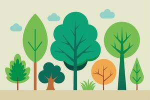 Flat Design Trees Illustration, Various Green and Orange Trees on Beige Background vector