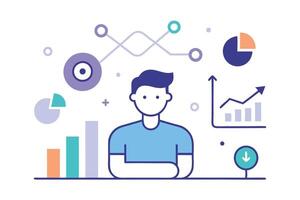 Young man with data graphics on white, outline style with flat design vector
