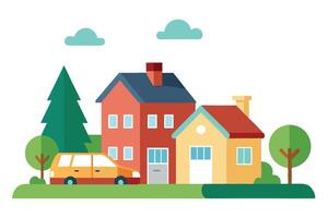 Simple Design of Houses and Car with Trees and Clouds on White Background vector