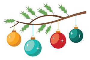 Decorative Colorful Christmas Baubles Hanging from Tree Branch on White Background vector