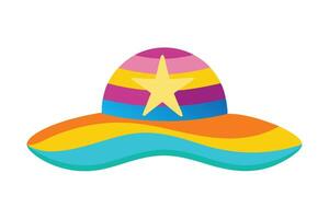 Flat Colorful Striped Beach Hat with Star Decoration on White Background vector
