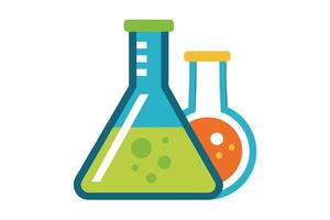 Two Beakers with Liquid Green and Orange Color on White Background flat design vector