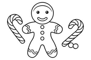 Smiling Gingerbread Man and Candy Canes Outline with Transparent Background vector