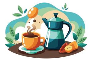 Coffee Cup with Moka Pot and Beans on Table with Abstract Plants vector