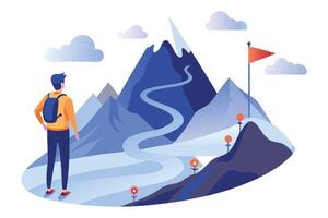 Back View of Man with Backpack Looking at Mountain Landscape vector
