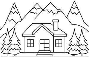 House Outline with Mountains and Pine Trees, Line Art on Transparent Background vector