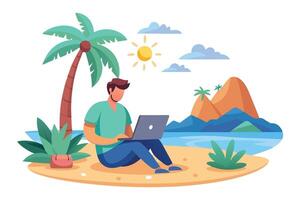Faceless Man Using Laptop on Beach with Palm Tree and Mountain View vector
