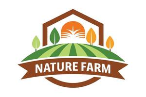 Natural Farm Logo Concept with Green Fields, Trees, House, and Decorative Banner vector