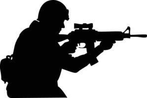 Soldier in Helmet Aiming Rifle Silhouette on Transparent Background, Action Pose vector