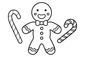 Outline Gingerbread Man with Bowtie andCandy Canes on a Transparent Background vector