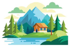 Flat Design Cabin by Lake with Mountains, Trees, Clouds on White Background vector