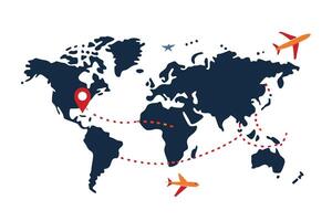 World Map with Airplanes and Dashed Route Lines on a White Background vector