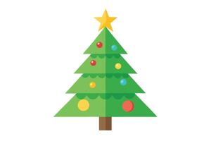 Flat Christmas Tree with Golden Star, Ornaments on Branches on White Background vector