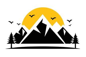 Mountain Range with Yellow Sun, Pine Trees and Birds Flying on White Backdrop vector