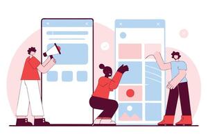 People Interacting with Interfaces on Devices Flat Color vector