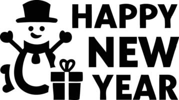 Black Happy New Year with Snowman, Present Box Isolated on Transparent Background vector