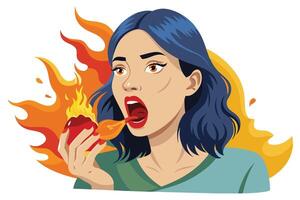 Frightened Woman Bites Spicy Pepper on Fire on Tongue with Transparent Background vector
