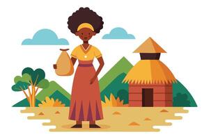 Flat African Woman with Sack by Thatched Hut, Mountain and Clouds on White vector