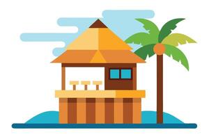 Flat design of Beach Hut and Palm Tree on a Sea against White Background vector