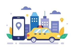 Yellow Cab With Cityscape and Mobile Navigation Flat Design vector