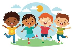 Cheerful Cartoon Multiethnic Children Running, Jumping on Green Field Under Blue Sky vector