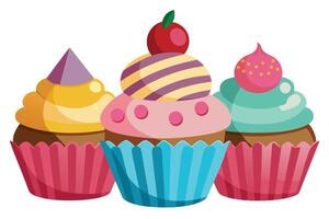 Three Cartoon Cupcakes with Colorful Frosting, Toppings, and Striped Wrappers vector