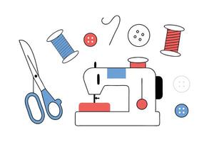 Sewing Machine, Spools, Buttons, and Scissors Composition on White Background vector