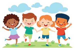 Diverse Cartoon Kids Playing, Holding Hands, Happy on White Background with Clouds vector