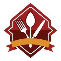 Cutlery Icon on Dark Red Badge with Yellow Ribbon Banner Isolated on White vector
