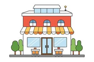 Colorful TwoStory Building with Awning, Trees, Tables, Minimalist Line Art Style vector