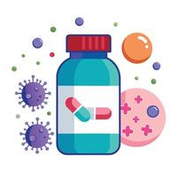 Capsule Pill on Bottle with Red Top and Virus on White Background vector