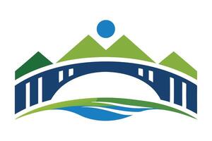 Stylized Bridge over Water with Green Hills and a Blue Circle on white background vector