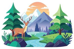 Deer in Mountain Landscape with Pine Trees and Stream Flat vector
