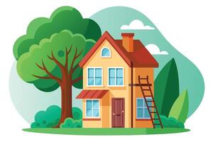 Cartoon TwoStory House with Red Roof, Ladder, and Lush Green Tree Flat Design Style vector