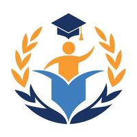 Graduation Cap with Person Reaching from Book Inside Laurel Wreath Symbol vector