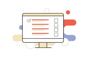 Stylish PC Monitor with Checkmark, Form, and Abstract Shapes on White Background vector