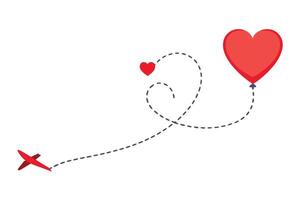 Red Airplane Flying Towards a Heart Balloon with Dotted Line on White Background vector