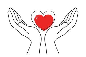 Hands Holding Red Heart Outline on White Background, Minimalist Line Art vector