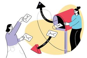 Two People Posting Letters In Mailbox Woman Sending Mail Colorful Design vector