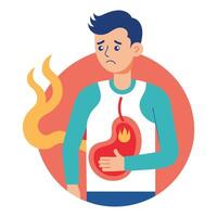 Stomach Ache of Unhappy Man with Hand on Belly Showing Flaming Organ on White Background vector