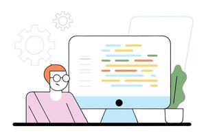 Minimalist Young Character with Desktop Monitor, Gears and Plant on White Background vector
