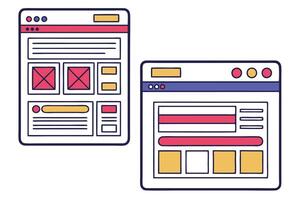 Two Website Interface Layouts with Red, Blue, and Yellow Elements vector