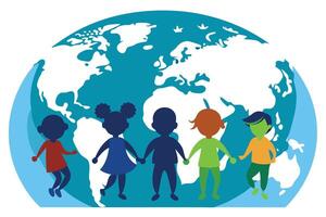 Diverse Children Holding Hands Around Globe, Silhouette Style, Unity, vector